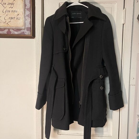Zara basic belted black coat - Picture 1 of 11